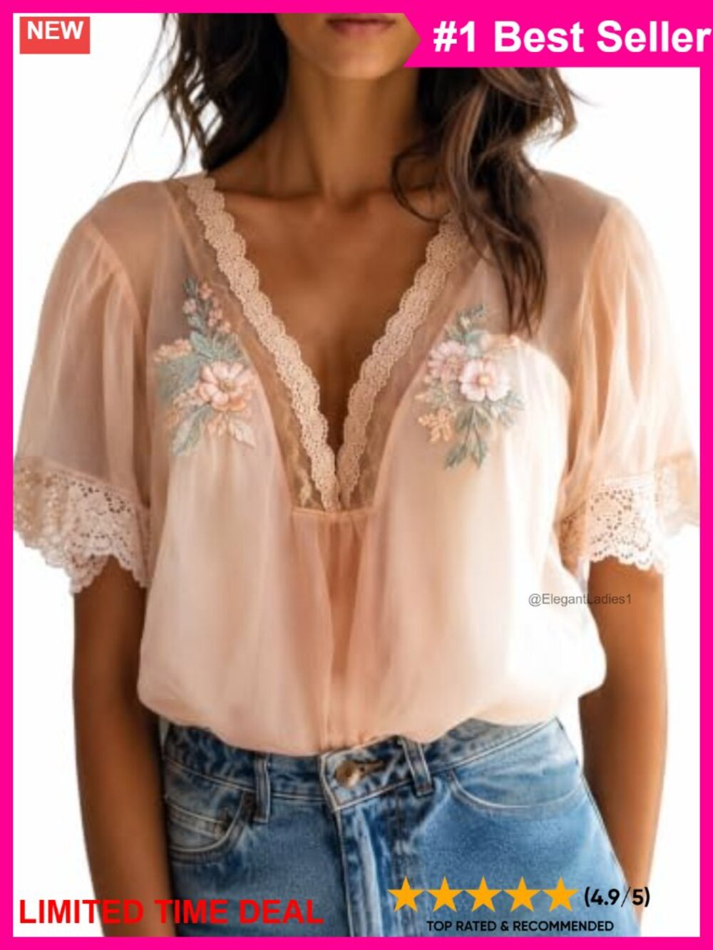 Boho Floral Embroidered Chiffon Blouse Lace V Neck Ruffle Short Sleeve Top